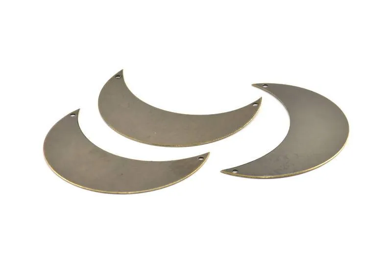 Antique Brass Crescent Pendant, 2 Antique Brass Plated Crescent Moon Pendant with 2 Holes (55x20x0.60mm) H0172