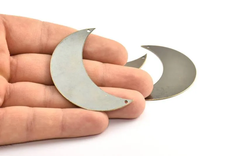 Antique Brass Crescent Pendant, 2 Antique Brass Plated Crescent Moon Pendant with 2 Holes (55x20x0.60mm) H0172