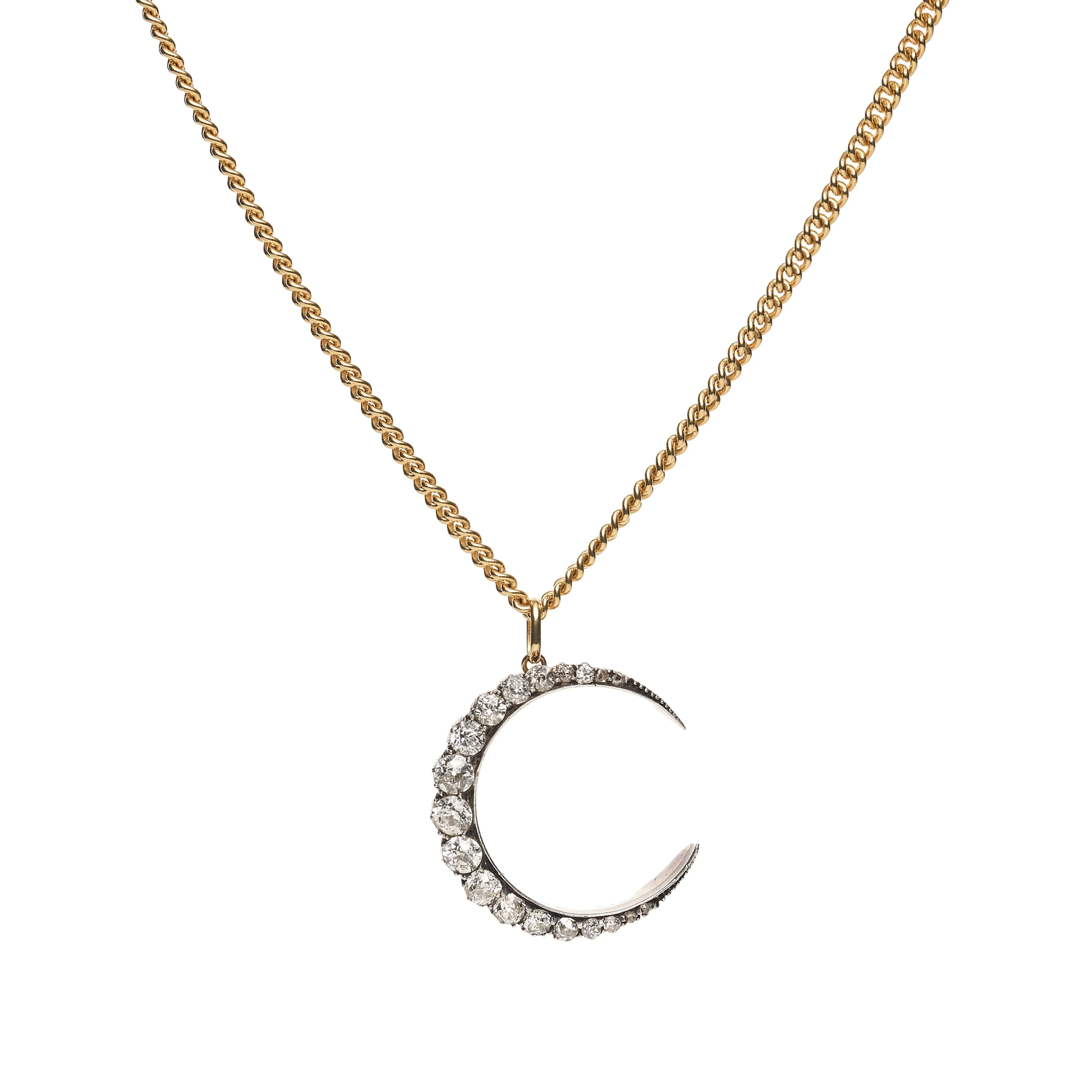 Antique Victorian 15k/Silver Diamond Crescent Moon Pendant