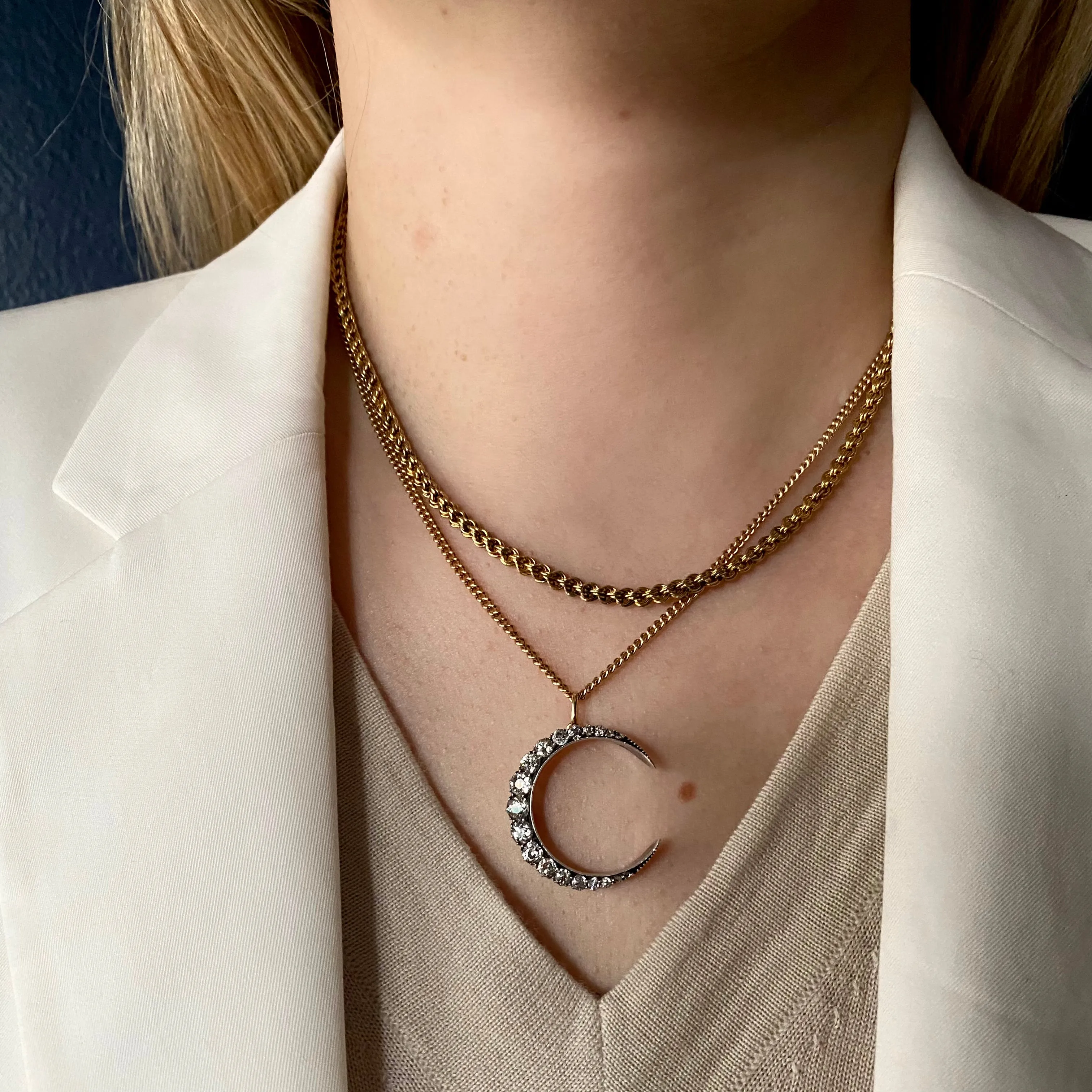 Antique Victorian 15k/Silver Diamond Crescent Moon Pendant