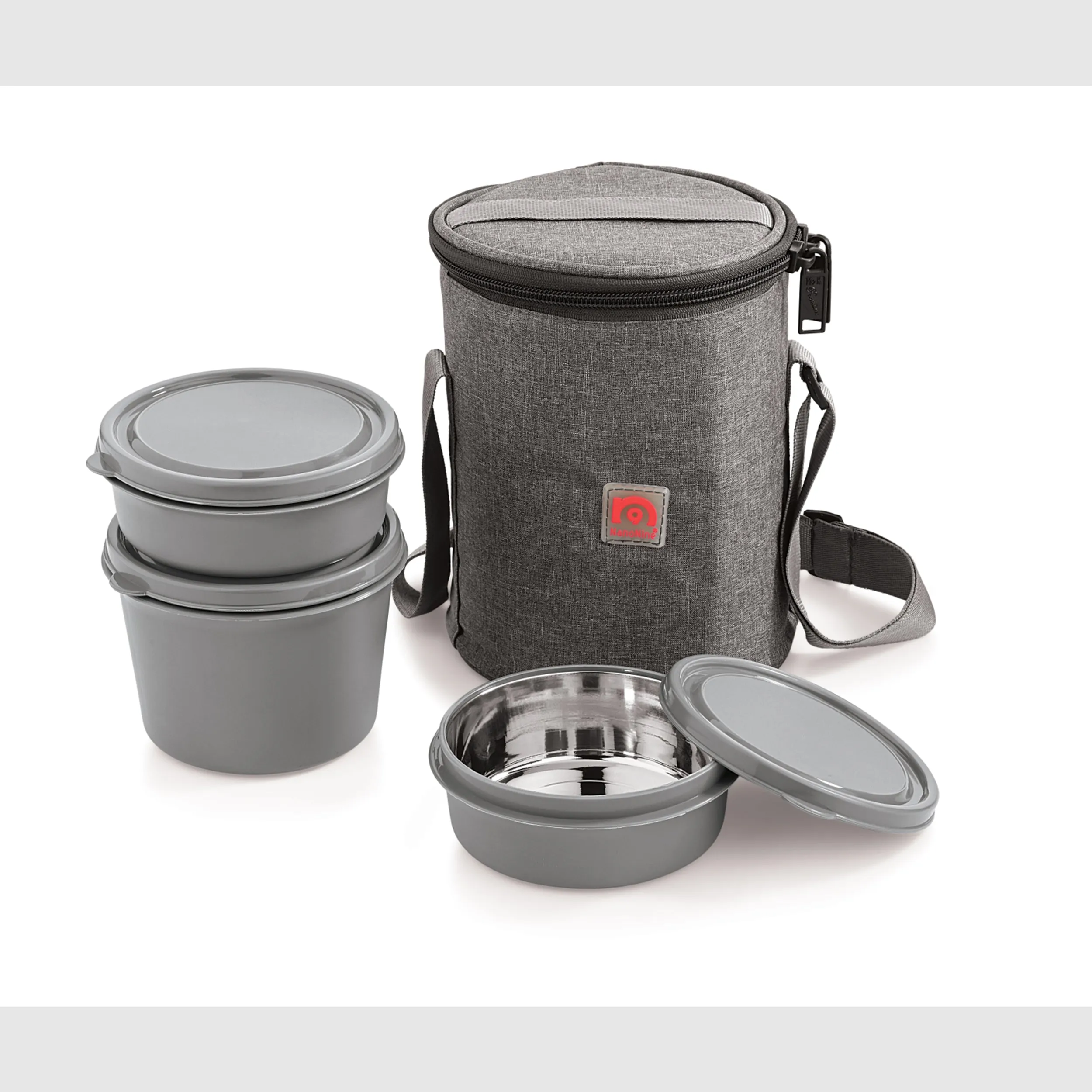 NanoNine Micro Safe Single Wall  Stainless Steel Lunch Box , 600ml X 1   300ml X 2,Microwave Safe, 3-Piece, Grey