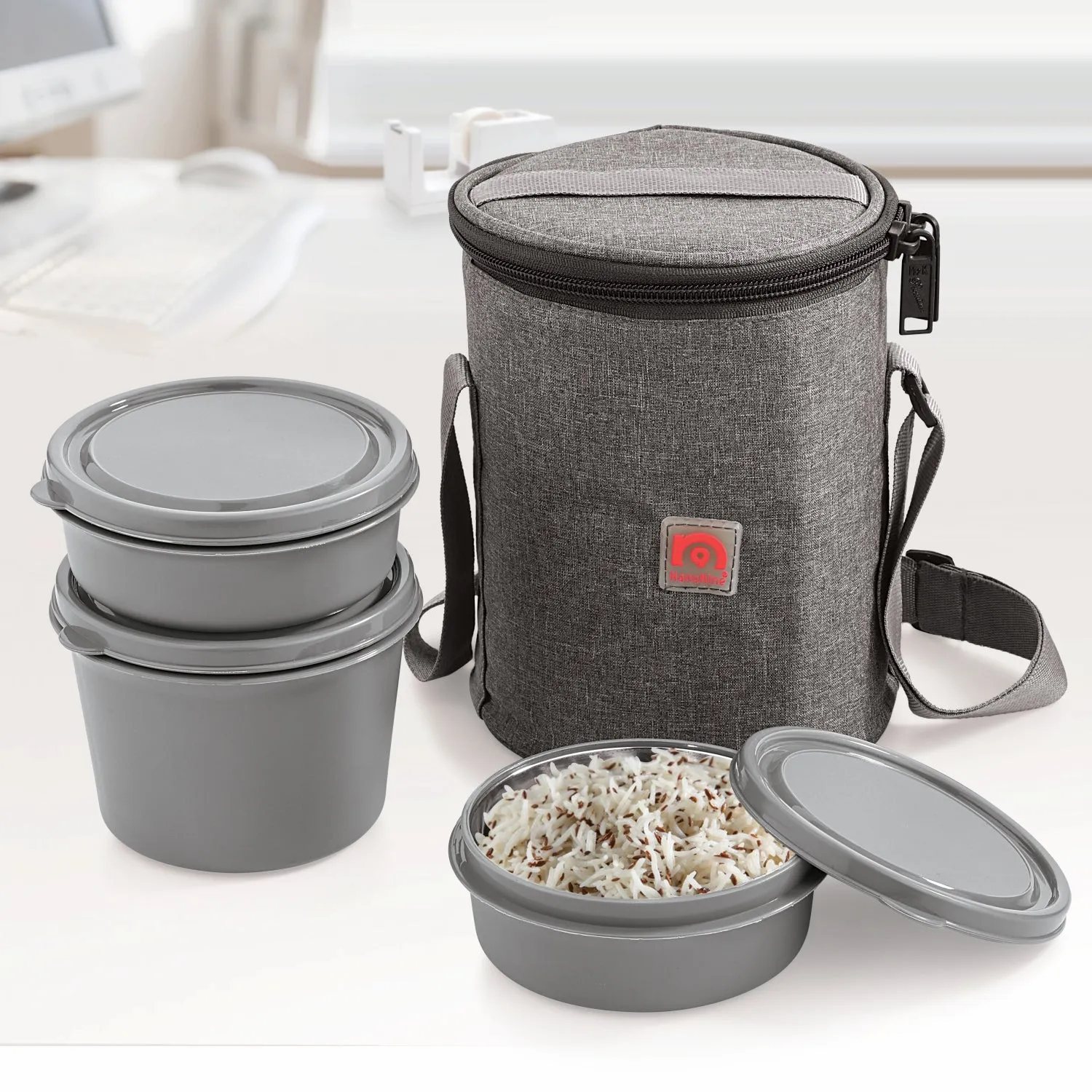 NanoNine Micro Safe Single Wall  Stainless Steel Lunch Box , 600ml X 1   300ml X 2,Microwave Safe, 3-Piece, Grey