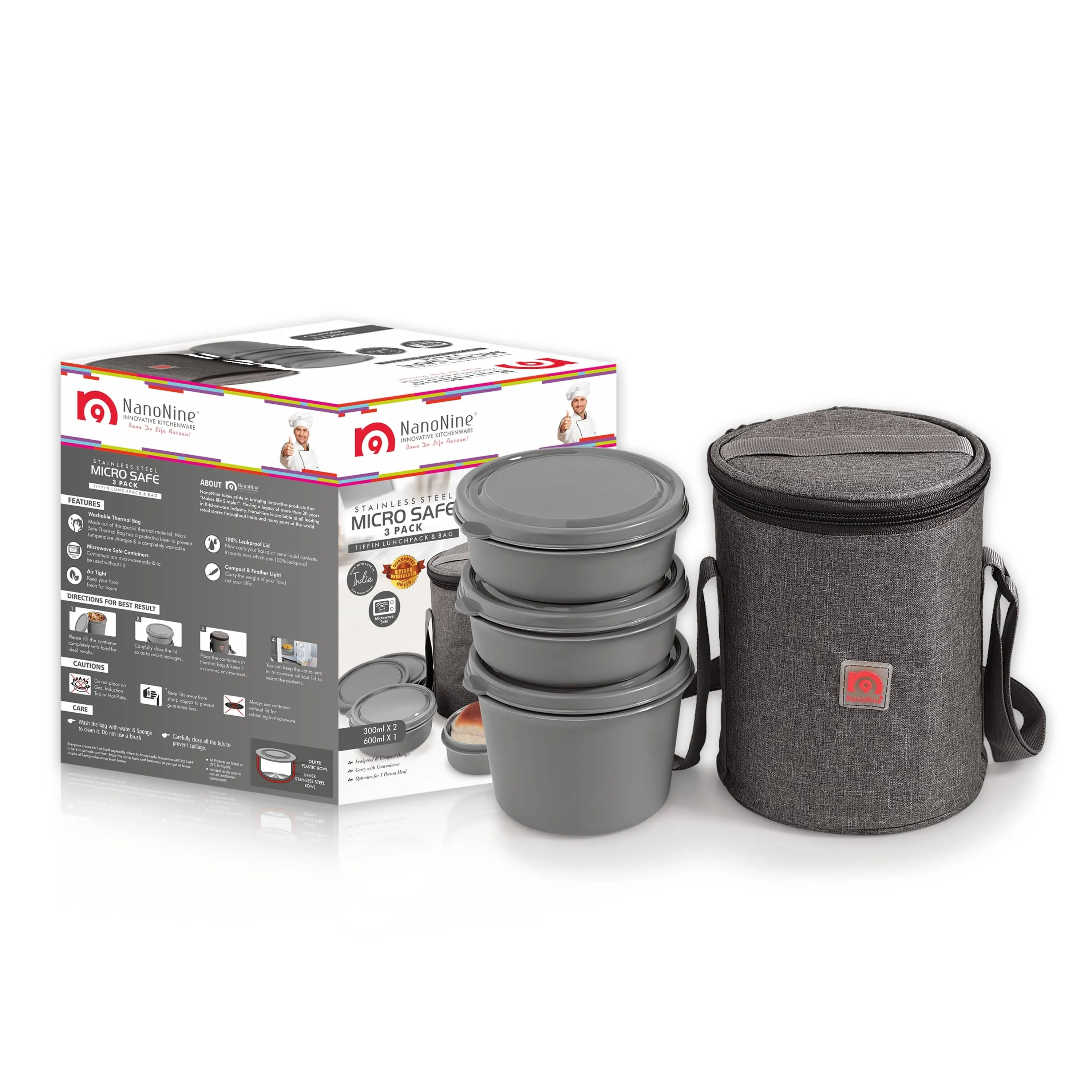 NanoNine Micro Safe Single Wall  Stainless Steel Lunch Box , 600ml X 1   300ml X 2,Microwave Safe, 3-Piece, Grey