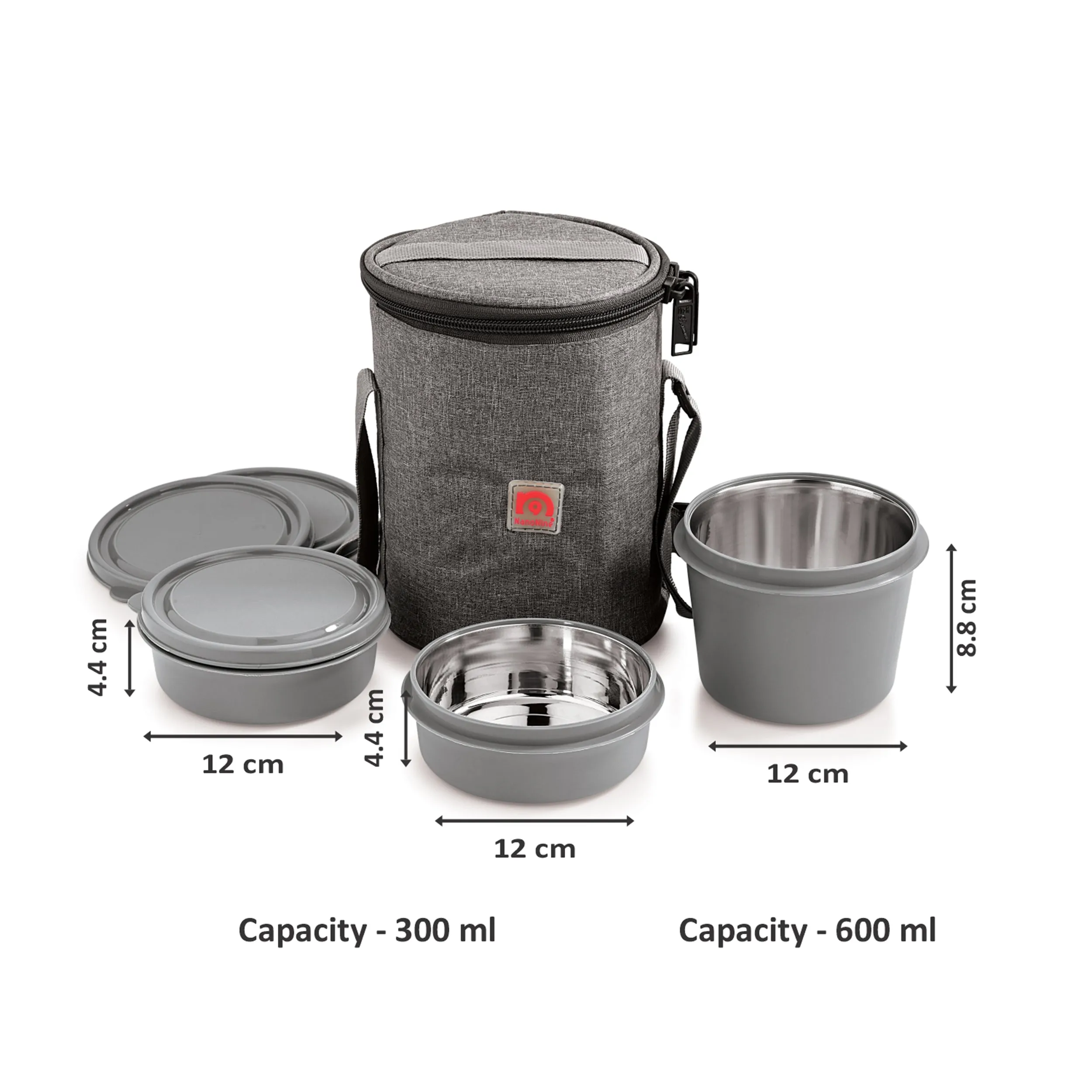 NanoNine Micro Safe Single Wall  Stainless Steel Lunch Box , 600ml X 1   300ml X 2,Microwave Safe, 3-Piece, Grey