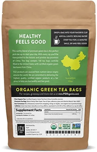 Organic Green Tea Bags | 100 Tea Bags | Eco-Conscious Tea Bags in Kraft Bag | by FGO