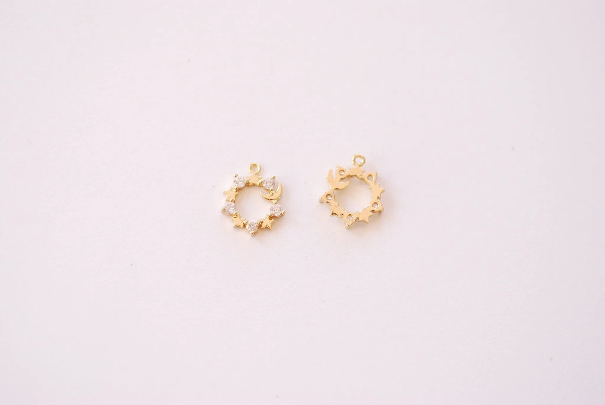 Wholesale Gold Cubic Zirconia Crescent Moon with Stars Charm - 16k Gold Plated Brass Micro Pave Half Moon Celestial Connected Stars B153