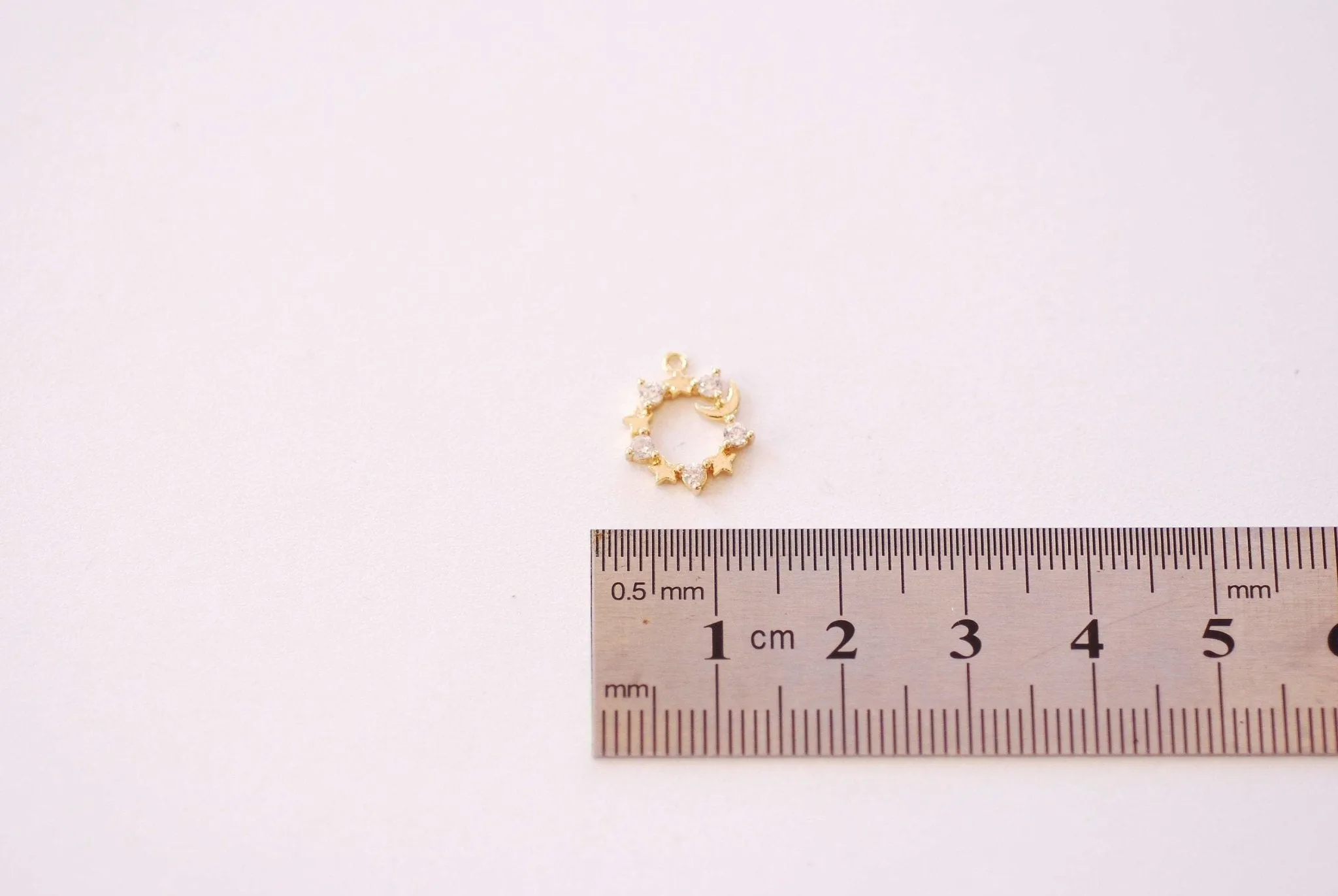 Wholesale Gold Cubic Zirconia Crescent Moon with Stars Charm - 16k Gold Plated Brass Micro Pave Half Moon Celestial Connected Stars B153